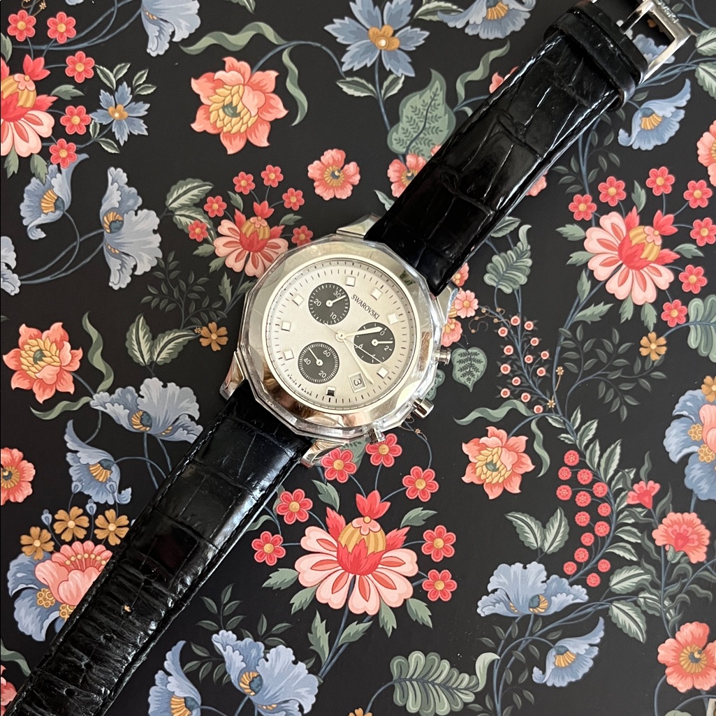 Swarovski Silver Watch With Black Leather Strap